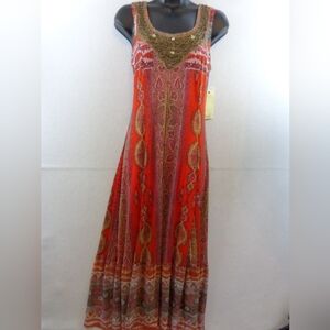 Reba Dress Long Vibrant Colors, Beaded Sleeveless, Lined, Sz S...(FL)